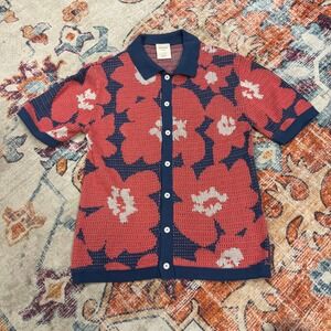 Massive Luxury Floral Print Short Sleeve Collared Knit Button Up Shirt Large